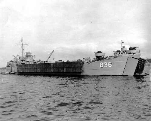 USS LST-836 underway. Preparing to load or unload amphibious units.